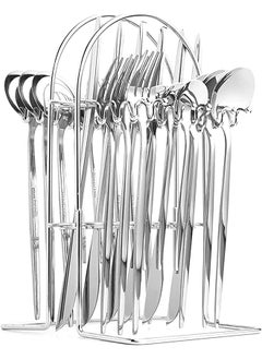 Cutlery Set, 24-Piece Stainless Steel Flatware Set with Stand, Tableware Silverware Set with Spoon/Knife/Fork Set, Service for 6, Dishwasher Safe and Easy Clean (silver)