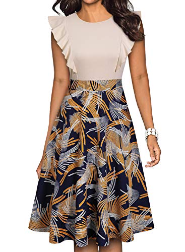 YATHON Women's Vintage Ruffle Floral Flared A Line Swing Casual Cocktail Party Dresses (L, YT001-Beige Firework) - Image 1