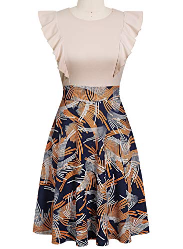 YATHON Women's Vintage Ruffle Floral Flared A Line Swing Casual Cocktail Party Dresses (L, YT001-Beige Firework) - Image 3