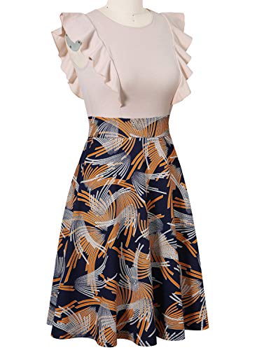 YATHON Women's Vintage Ruffle Floral Flared A Line Swing Casual Cocktail Party Dresses (L, YT001-Beige Firework) - Image 4