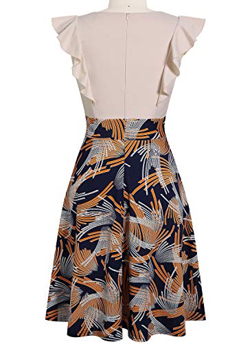 YATHON Women's Vintage Ruffle Floral Flared A Line Swing Casual Cocktail Party Dresses (L, YT001-Beige Firework) - Image 5