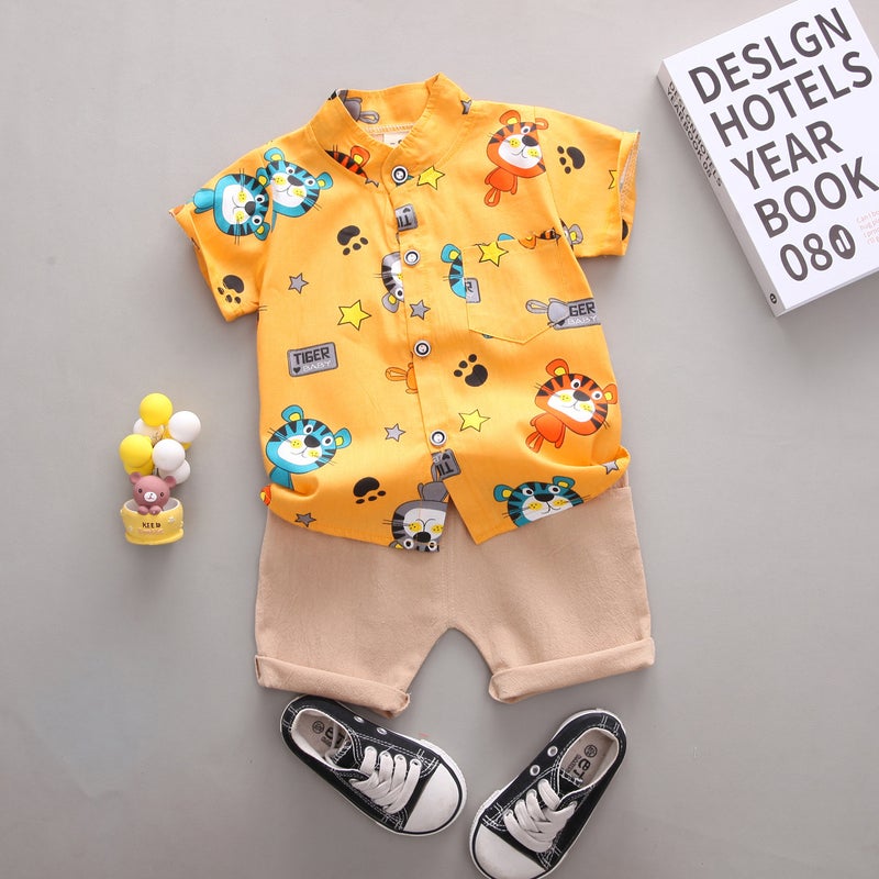 Cross-border childrens clothing summer new childrens clothing summer clothing boys baby infant childrens suit short sleeve suit two-piece fashion Yellow 