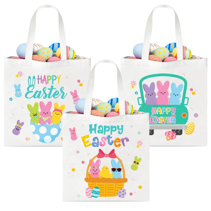 Zainpe 3Pcs Easter Gift Canvas Bags Egg Bunny Tote Treat Bags with Handle for Kids, Reusable Large Capacity Handbag Happy Easter Rabbit Chick Trick Baskets Handbags Spring Candy Party Favor Supplies - Image 1