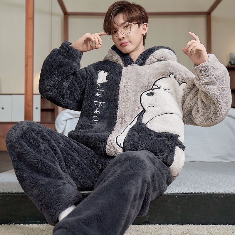 Winter Coral Fleece Pajamas Men'S Fleece-Lined Thickened Warm Cartoon Hooded Flannel Teenager Home Clothes Suit - Image 1