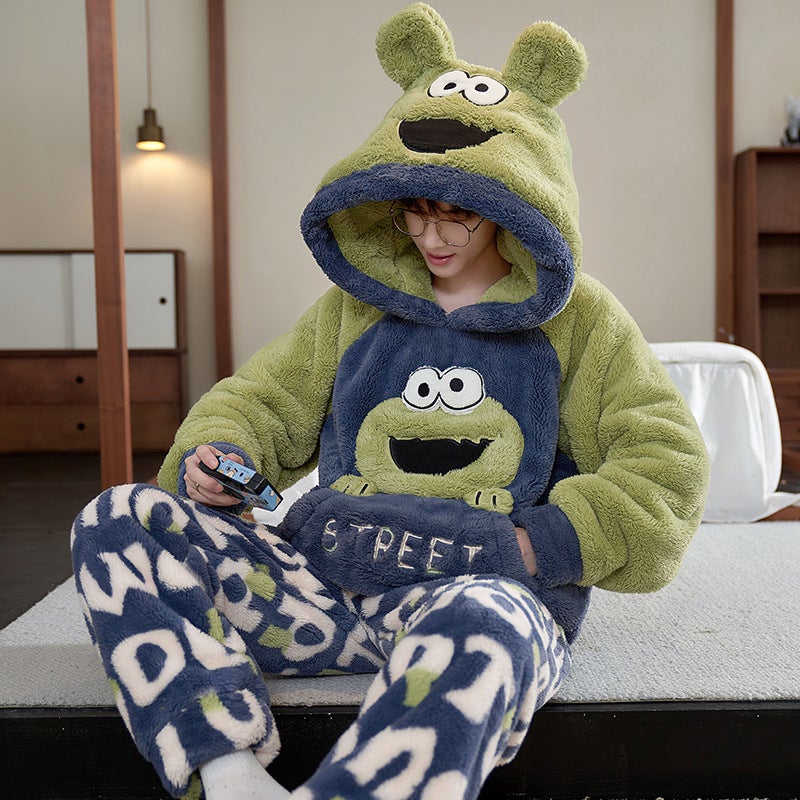 Winter Coral Fleece Pajamas Men'S Fleece-Lined Thickened Warm Cartoon Hooded Flannel Teenager Home Clothes Suit - Image 2