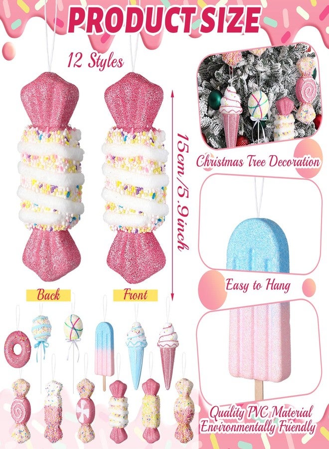 Poen مجموعة زينة عيد الميلاد من بوين، 12 قطعة، حلوى وردية فاتحة، زينة شجرة عيد الميلاد، 5.9 بوصة، مصاصات كبيرة، دونات، آيس كريم، كرات زينة لشجرة عيد الميلاد، إكليل منزلي داخلي، هدايا حرفية - Image 2