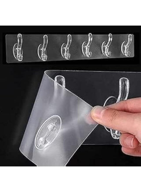 Generic Self-Adhesive Transparent Wall Hooks Strip – 6 Hooks, No-Drill, Strong Hold | Removable Clear Hook Rail for Kitchen, Bathroom, Doors & Tiles
