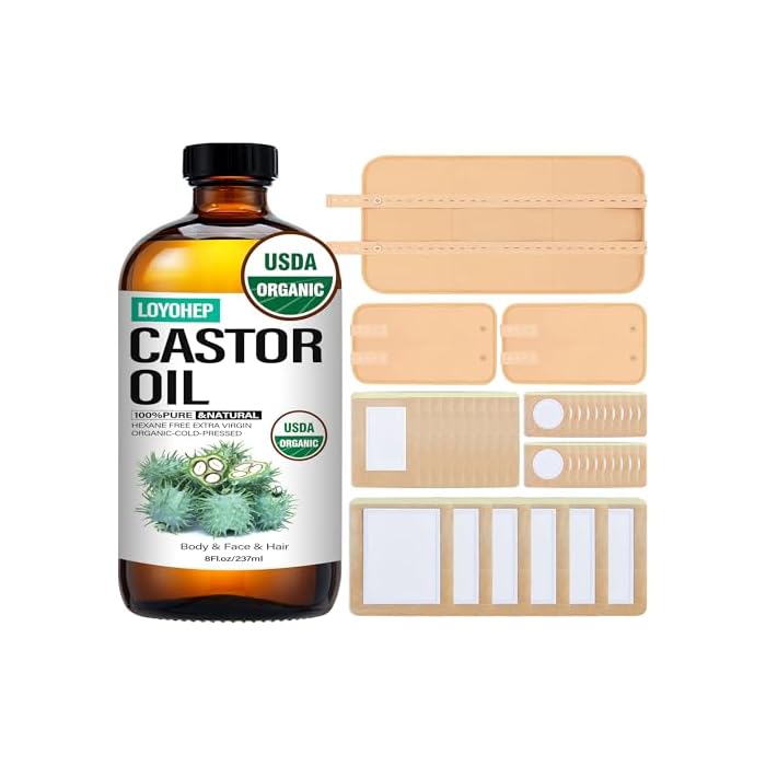 40Pcs Castor Oil Pack Wrap and Disposable Castor Oil Patches for Belly Button-Stomach-Knee-Feet&Whole Body,with 8 oz Castor Oils Organic Cold Pressed.