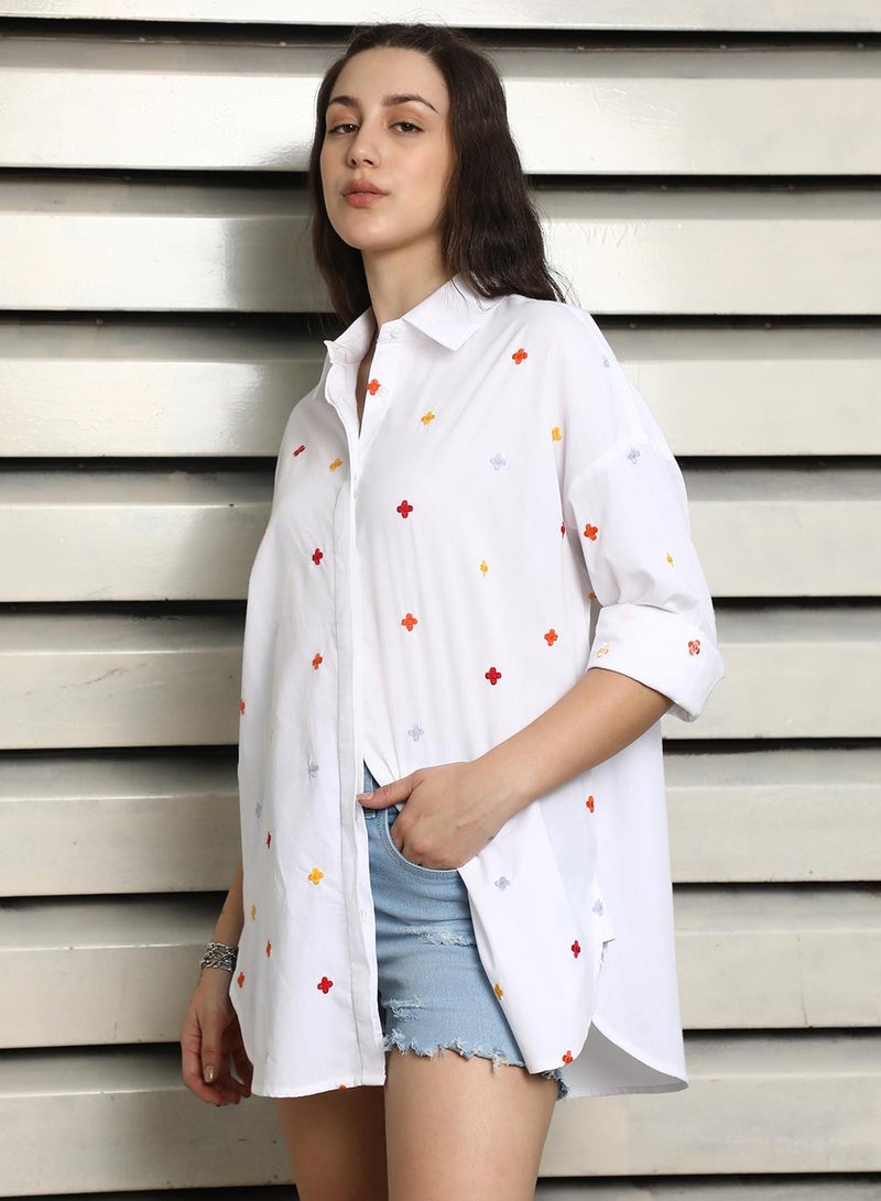 هاي ستار قميص نسائي أبيض قطن % مطرز بأزرار مقاس كبير - Image 3