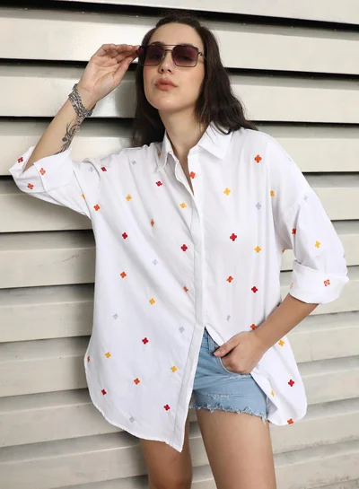HIGH STAR Women's White 100% Cotton Embroidered Button Down Oversized Shirt