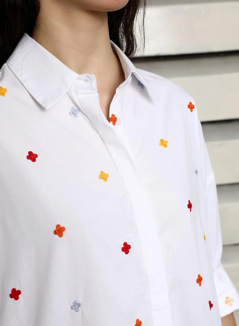 HIGH STAR Women's White 100% Cotton Embroidered Button Down Oversized Shirt