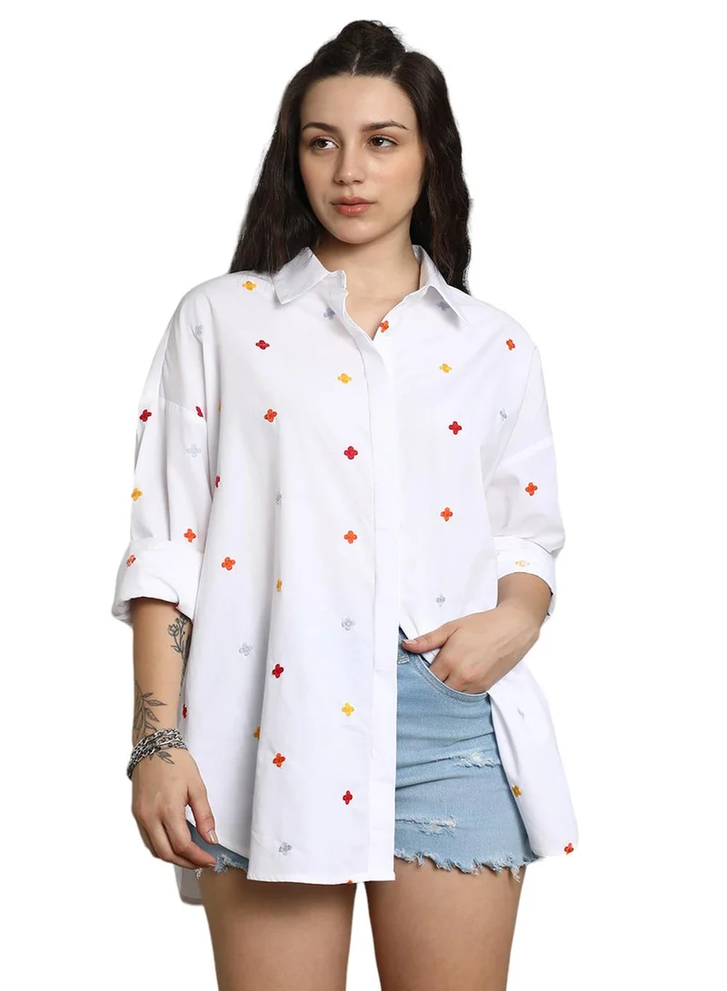 هاي ستار Oversized White Embroidered Casual Shirt for Women