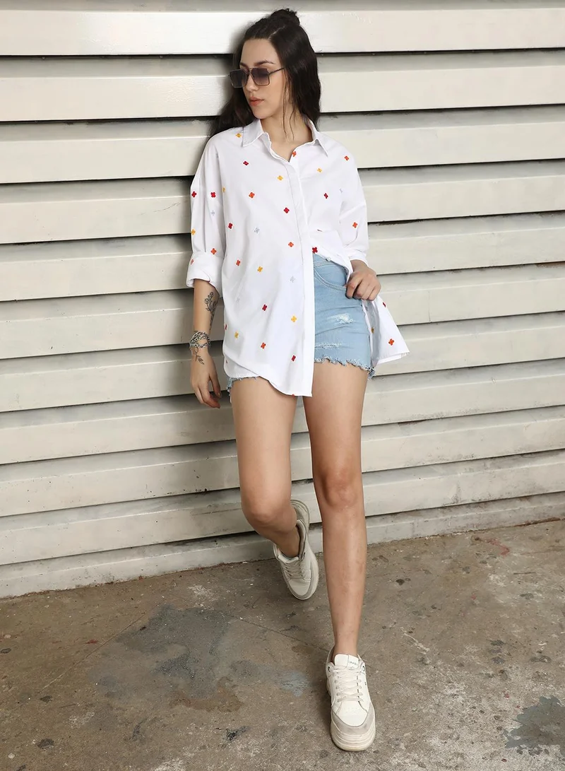 هاي ستار Oversized White Embroidered Casual Shirt for Women