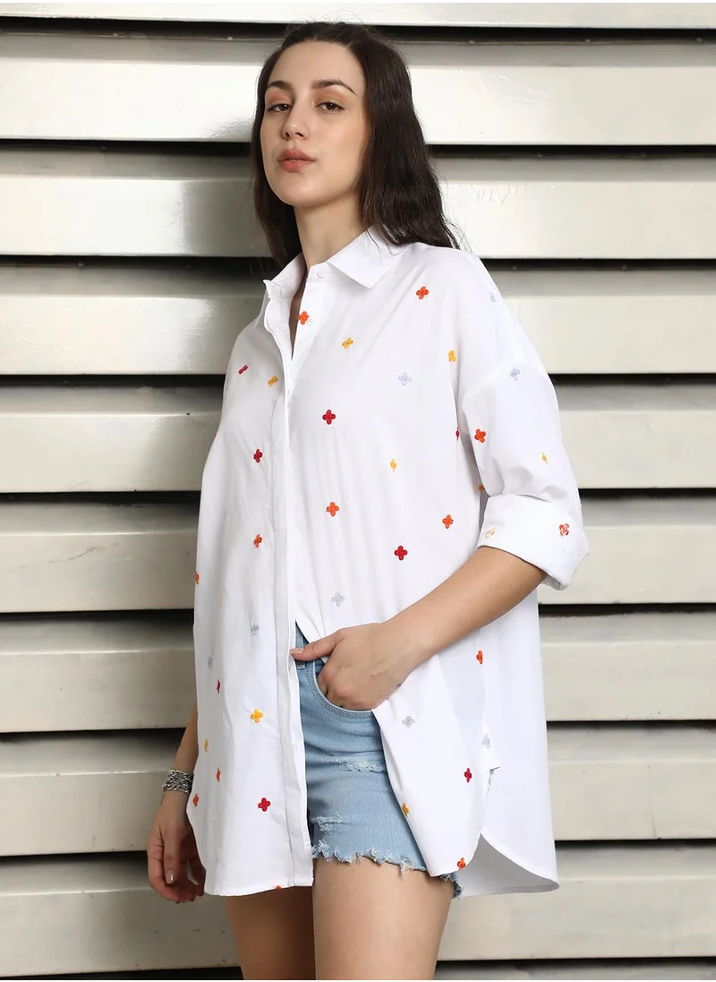 هاي ستار Oversized White Embroidered Casual Shirt for Women