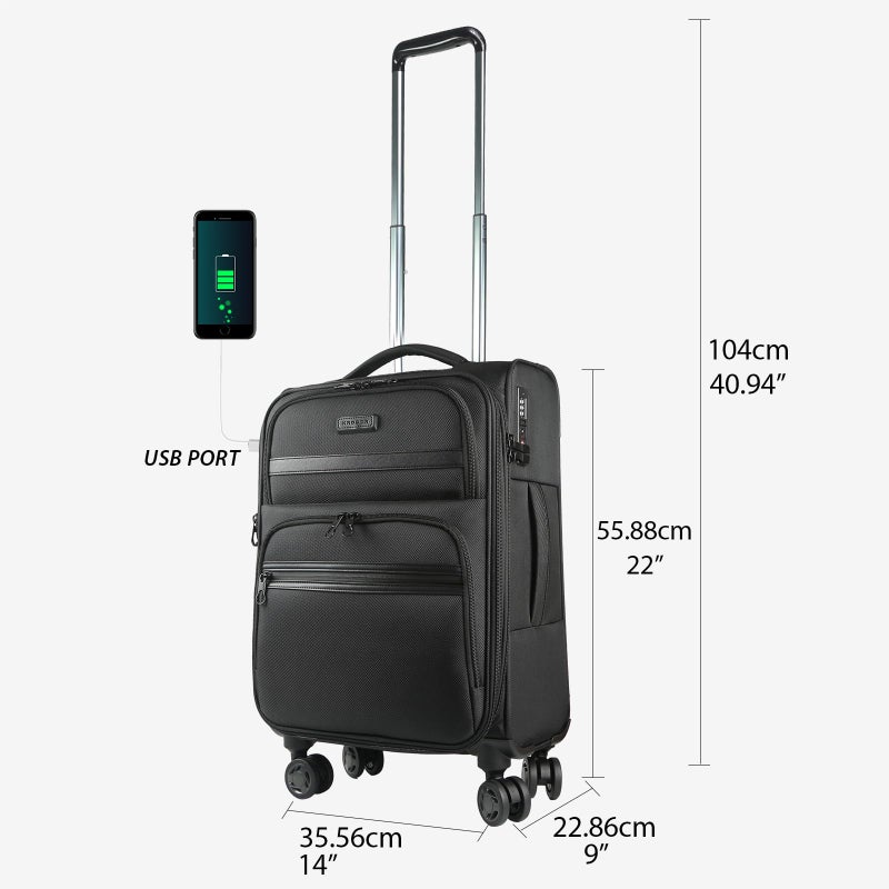 KROSER Softside Expandable Carry On Luggage with Front Business Pocketsï¼Œ20 Inch Suitcases with Spinner Wheels & Built-in TSA Lock, Durable Suitcase Rolling Luggage with USB Port, Black - Image 2