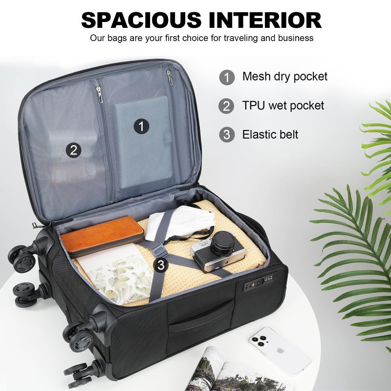 KROSER Softside Expandable Carry On Luggage with Front Business Pocketsï¼Œ20 Inch Suitcases with Spinner Wheels & Built-in TSA Lock, Durable Suitcase Rolling Luggage with USB Port, Black - Image 3