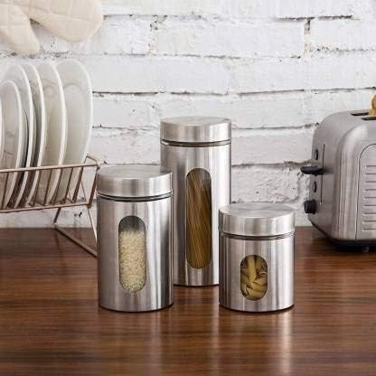 Mivana Steel Glass Food Storage Airtight Tea Coffee Sugar Containers 850Ml,550Ml,350Ml For Kitchen Storage Container With Lid For Tea Coffee & Sugar,Dry Fruit Jars,Storage Box,Set Of 3 (3,Mt-4),Silver - Image 2
