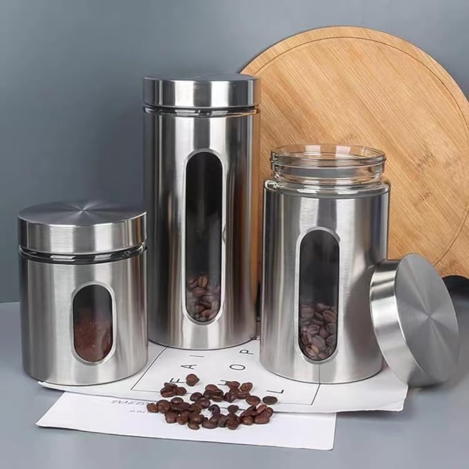 Mivana Steel Glass Food Storage Airtight Tea Coffee Sugar Containers 850Ml,550Ml,350Ml For Kitchen Storage Container With Lid For Tea Coffee & Sugar,Dry Fruit Jars,Storage Box,Set Of 3 (3,Mt-4),Silver - Image 1