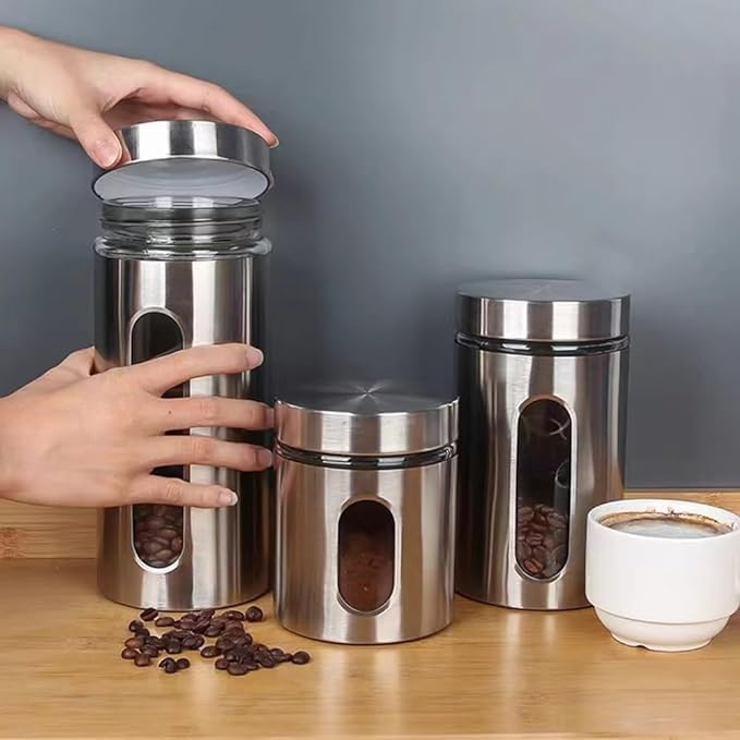 Mivana Steel Glass Food Storage Airtight Tea Coffee Sugar Containers 850Ml,550Ml,350Ml For Kitchen Storage Container With Lid For Tea Coffee & Sugar,Dry Fruit Jars,Storage Box,Set Of 3 (3,Mt-4),Silver - Image 3