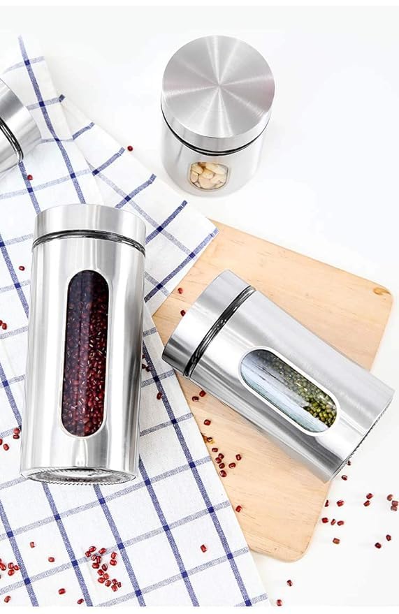 Mivana Steel Glass Food Storage Airtight Tea Coffee Sugar Containers 850Ml,550Ml,350Ml For Kitchen Storage Container With Lid For Tea Coffee & Sugar,Dry Fruit Jars,Storage Box,Set Of 3 (3,Mt-4),Silver - Image 5