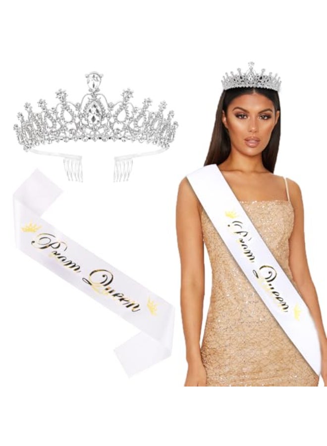 BAHABY Prom Queen Sash and Tiara Set Silver Crowns and White Sash Graduation and Wedding Party Accessories - Image 1