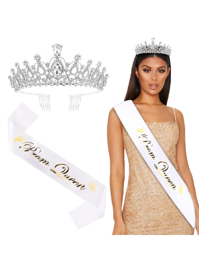 BAHABY Prom Queen Sash and Tiara Set Silver Crowns and White Sash Graduation and Wedding Party Accessories - Image 2