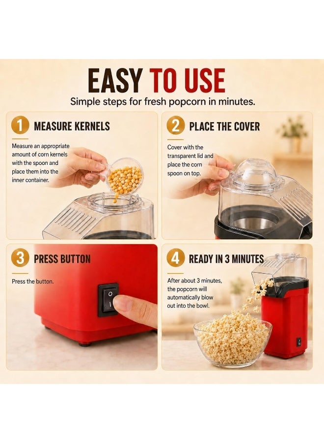 Air Popcorn Maker Oil-Free Hot Air Popper with Measuring Cup 8 Cups Red - Image 5