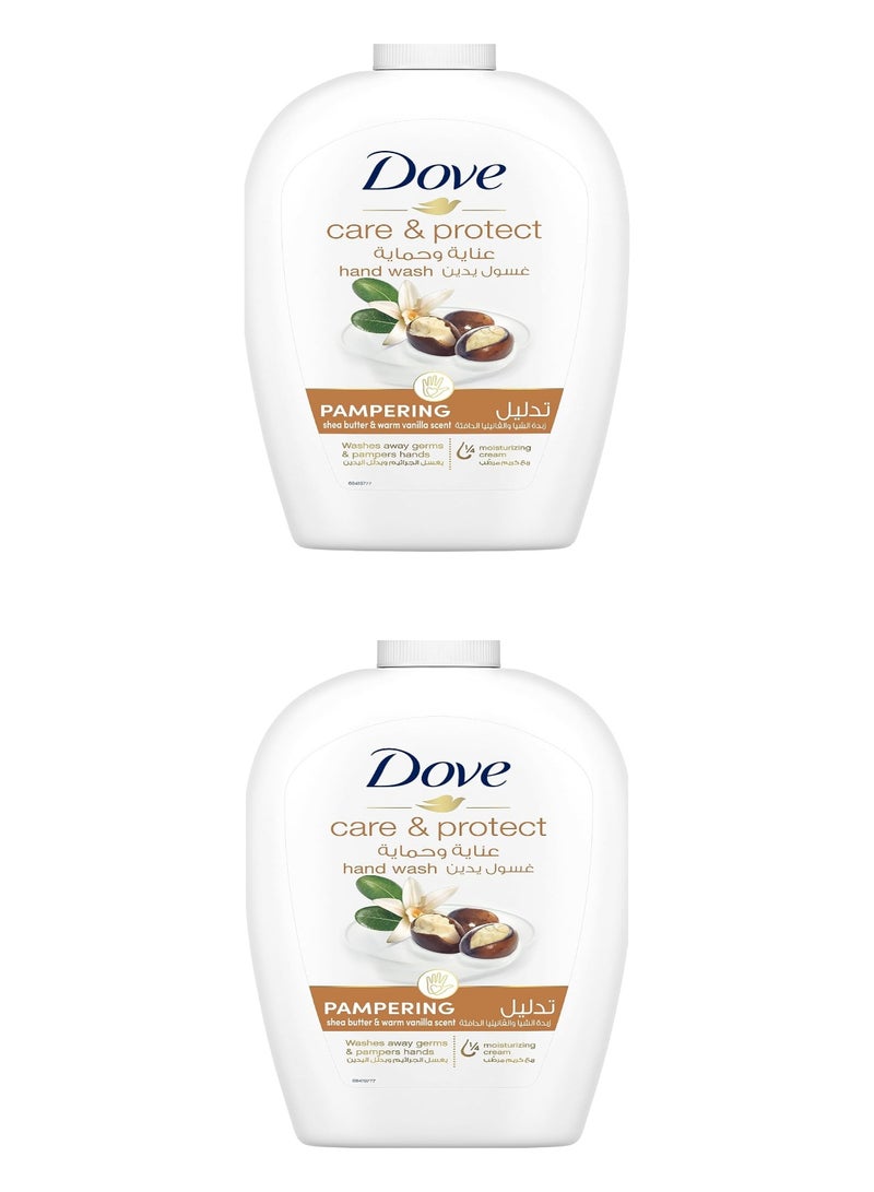 DOVE Care & Protect Pampering Hand Wash, 100% sensitive skin friendly, Shea Butter & Vanilla, With ¼ moisturising cream, 500ml  (pack of 2) - Image 1