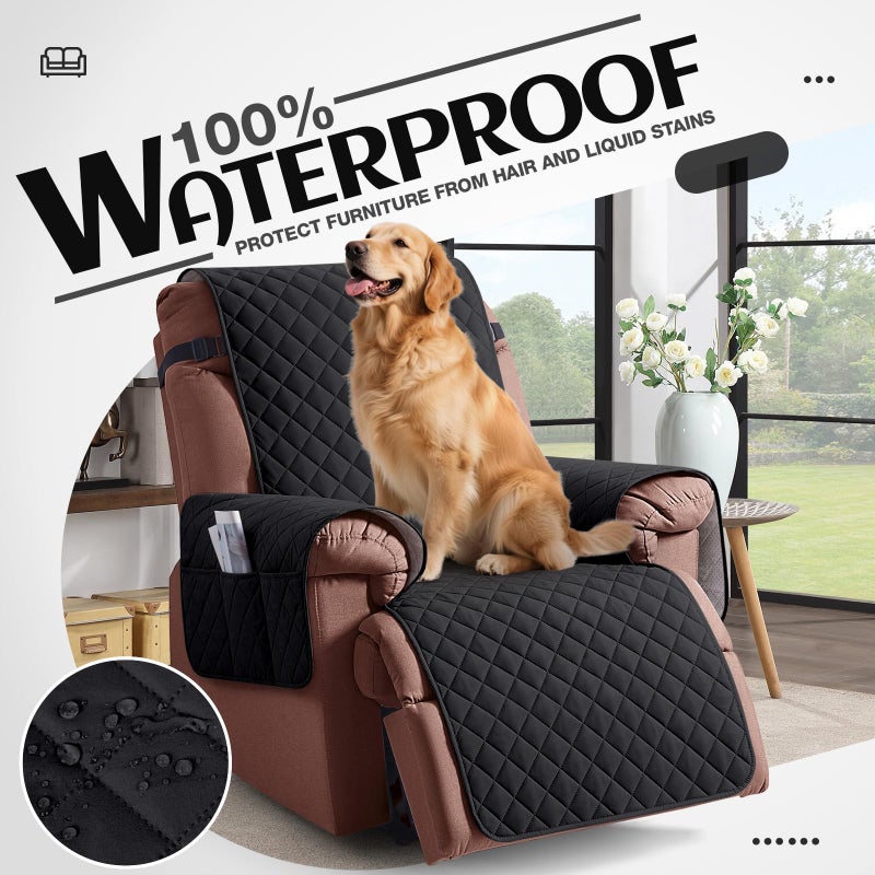 KinCam 100% Waterproof Recliner Chair Cover, Reclining Couch Covers for Pets, Dogs, Recliner Couch Slipcover Furniture Protector with Elastic Straps for Kids(23.6", Black) - Image 3