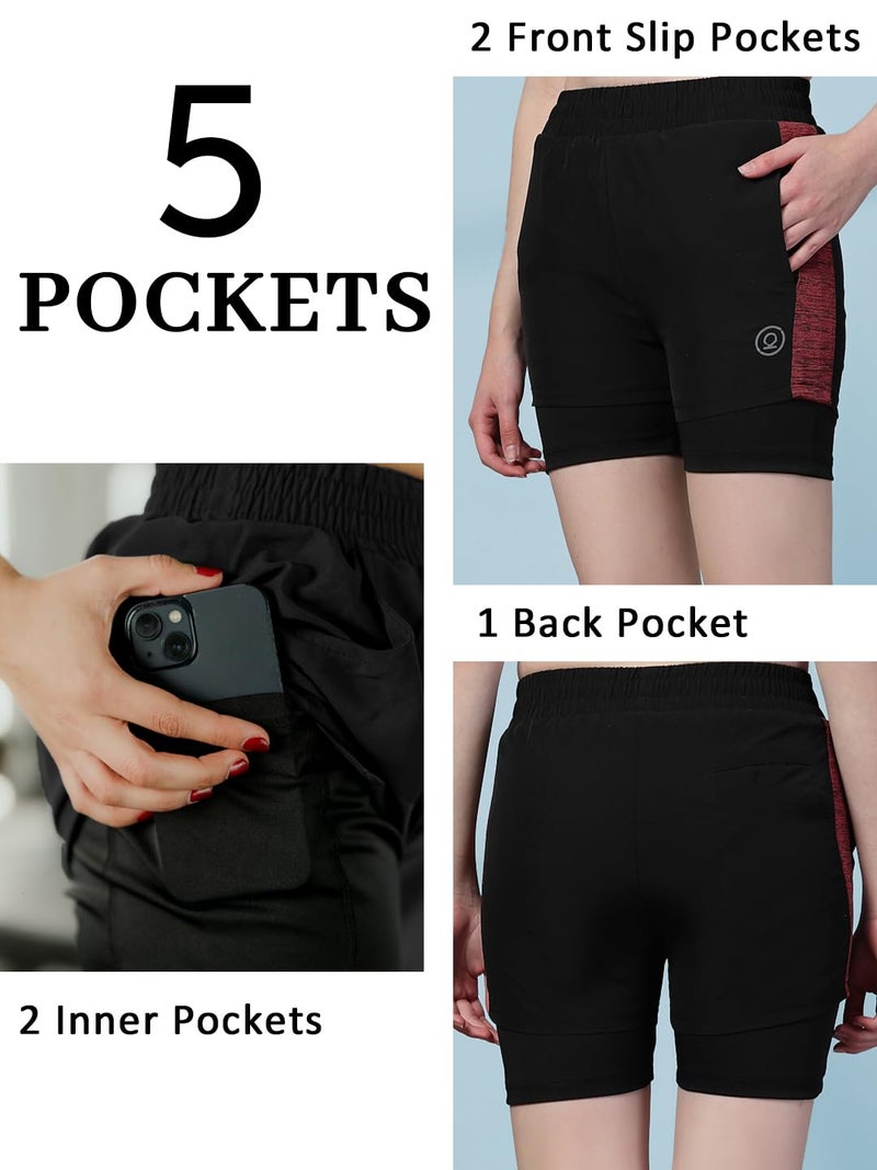 CHKOKKO Gym Shorts for Women Workout Sports Running Quick Dry Fit Double Layer Inner Compression with Pockets Breathable Lightweight Maroon M - Image 3