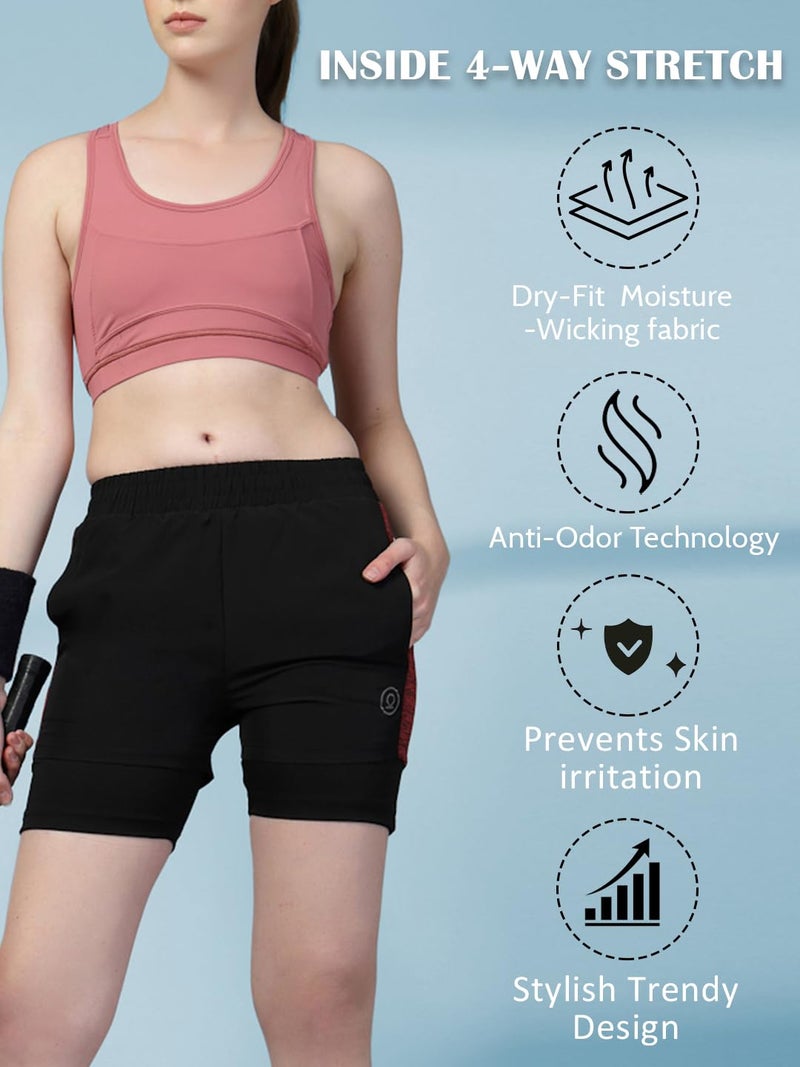 CHKOKKO Gym Shorts for Women Workout Sports Running Quick Dry Fit Double Layer Inner Compression with Pockets Breathable Lightweight Maroon M - Image 2