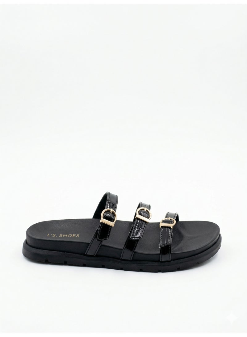 لايف ستيلاش  شبشب مسطح من الجلد مع أحزمة - SL-216  - اسود - Image 3