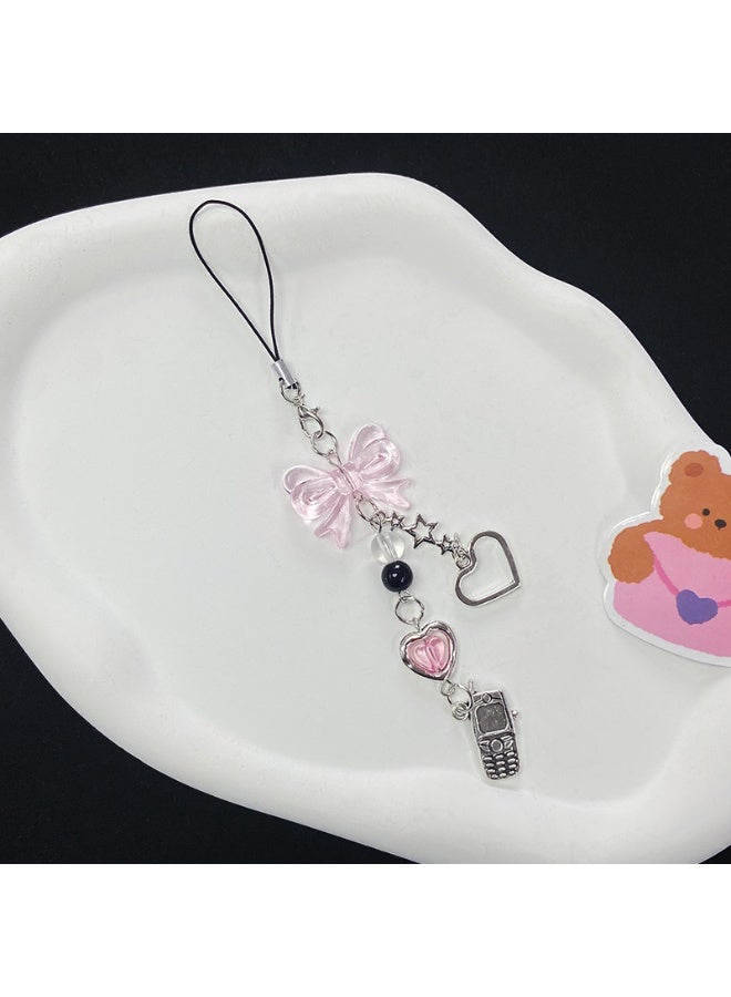NIBEMINENT Phone Charm/ Chain Strap for Women Girls, Heart Shaped Bow With Translucent Pink Cell Phone Case Lanyard Wrist Strap