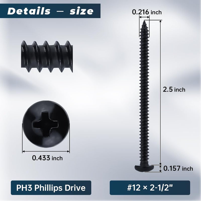 Glvaner #12 x 2-1/2 inch Phillips Pan Head Self Tapping Screws for Wood, Black Coated, 304 Stainless Steel 18-8, Round Head Sheet Metal Tek Screws, 30 pcs - Image 2