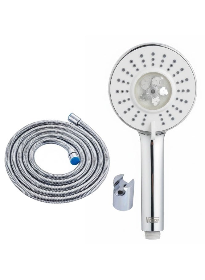 Turbo shower head kit with internal fan to increase water pressure, flexible hose and holder - water-saving design, shiny chrome finish, easy to install for all types of bathrooms.
