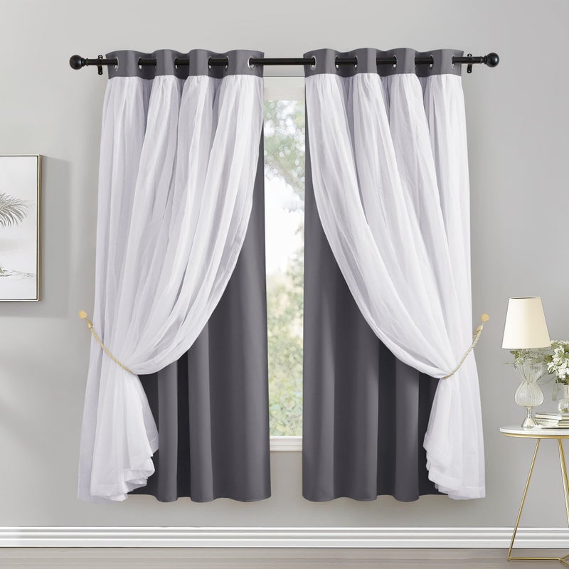 PONY DANCE Blackout Curtains for Bedroom  Sheer Drapes Double Layers Grommet Top Window Treatment Room Decor 52 x 63 in Grey 2 Panels