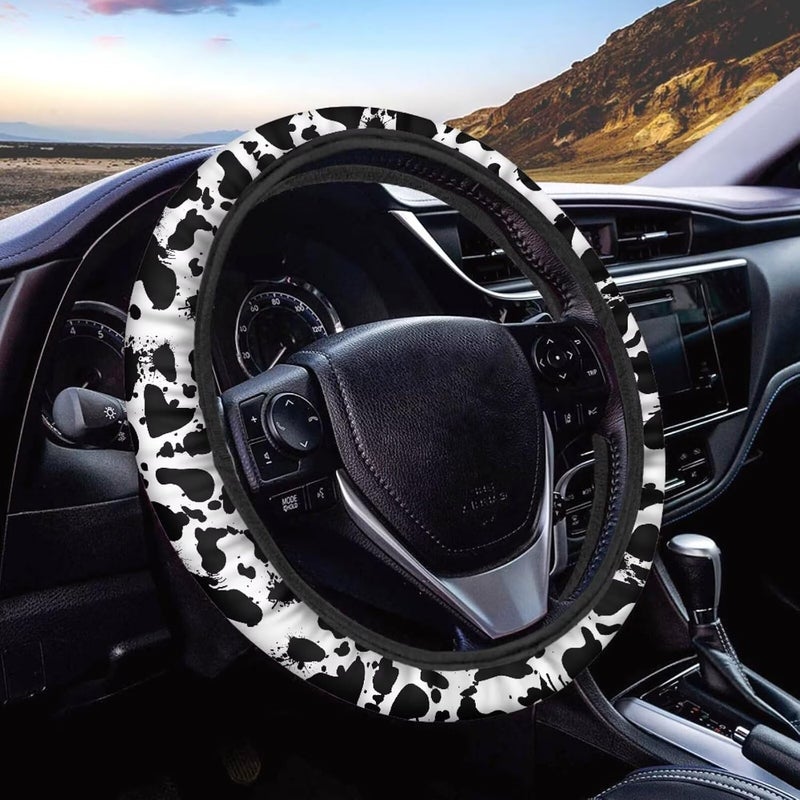 Universal Non-Slip Steering Wheel Cover, 15-inch Polyester Material Driving Accessories, Suitable for Car and Truck(Ink Spot Cow Texture) - Image 1