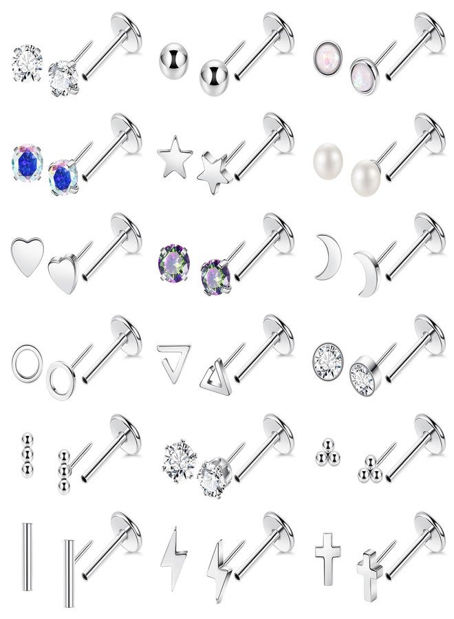 Masedy 18Pairs 18G Surgical Steel Threadless Stud Earring for Women Men Push in Helix Cartilage Earrings Studs CZ Hypoallergenic Heart Moon Star Flat Back Earring 6mm - Image 1