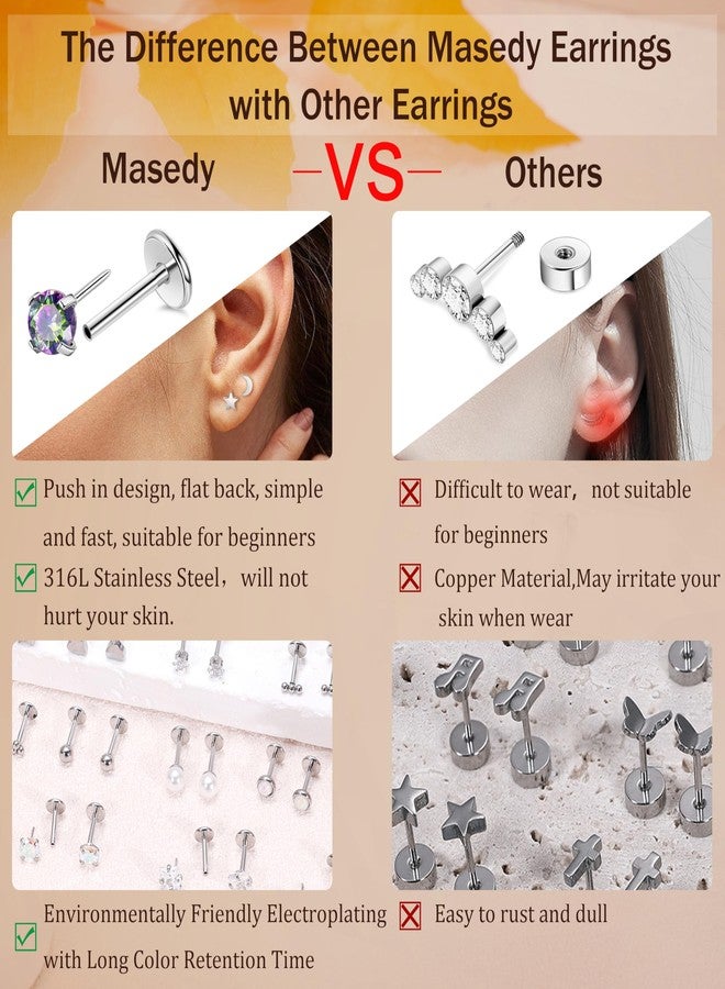 Masedy 18Pairs 18G Surgical Steel Threadless Stud Earring for Women Men Push in Helix Cartilage Earrings Studs CZ Hypoallergenic Heart Moon Star Flat Back Earring 6mm - Image 3