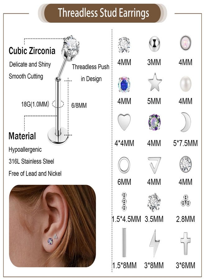 Masedy 18Pairs 18G Surgical Steel Threadless Stud Earring for Women Men Push in Helix Cartilage Earrings Studs CZ Hypoallergenic Heart Moon Star Flat Back Earring 6mm - Image 2
