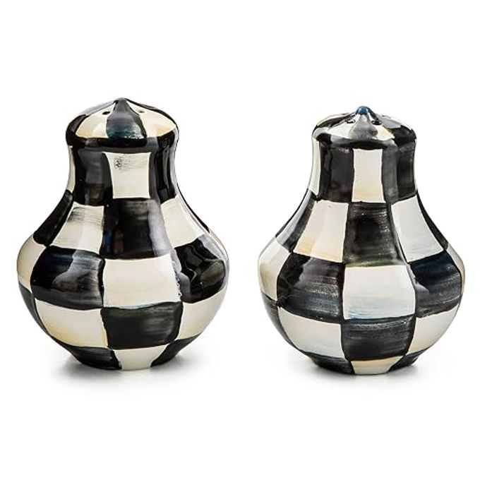 MACKENZIE-CHILDS Enamel Salt and Pepper Shakers, Kitchen Table Spice Shaker Set, Black-and-White Courtly Check, Small