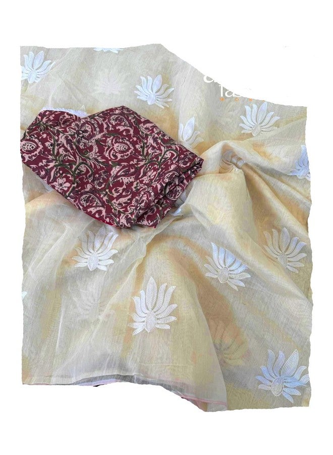 Women's Cream Off White Chanderi Cotton Embroidered Saree With Maroon Kalamkari Printed Blouse Piece Material (Monika 1) - Image 1