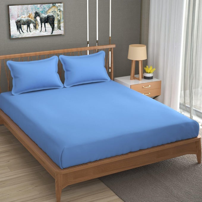 ELASTIC FITTED BEDSHEET FOR DOUBLE BED KING SIZE LUXURY ELASTIC BEDSHEETS FOR KING SIZE BED WITH 2 PILLOW COVERS 78X72 INCHES SKY BLUE