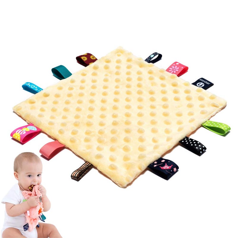 Baby Tags Security Blankets Baby Soothing Plush Blanket with Colorful Tags 10x10 Square Sensory Toys for 3 Months Babies Boys and Girls Yellow
