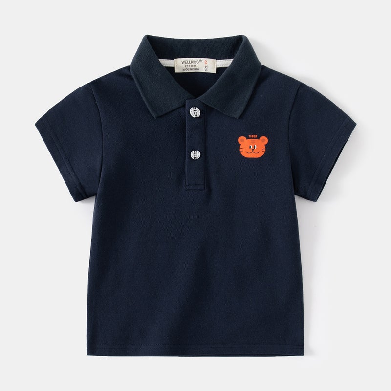 Lapel Printed Summer Kidsren'S Short-Sleeved Casual Outdoor Cartoon Lion Polo Shirt Pique Cotton Boys Polo Shirt - Image 1