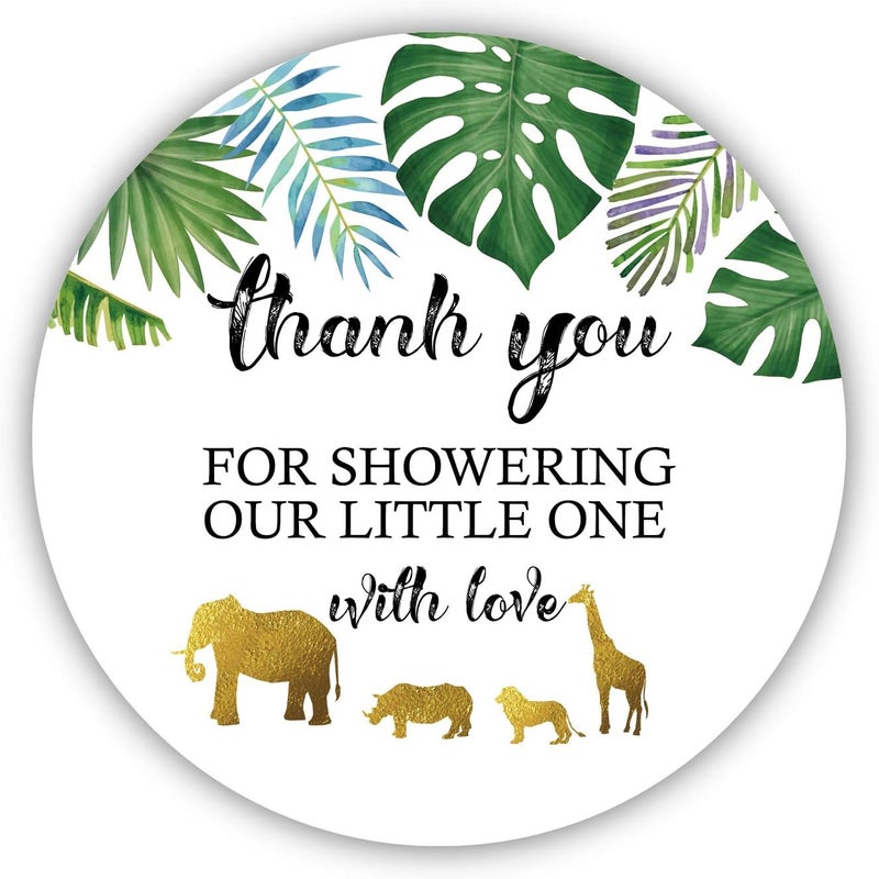 Ergonflow 50 Jungle Gold Baby Shower Stickers Thank You for Showering Our Baby with Love Stickers Baby Shower Favors for Boy or Girl Baby Shower Favor Labels for Birthday Party 2 Inches - Image 1