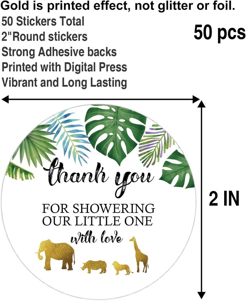 Ergonflow 50 Jungle Gold Baby Shower Stickers Thank You for Showering Our Baby with Love Stickers Baby Shower Favors for Boy or Girl Baby Shower Favor Labels for Birthday Party 2 Inches - Image 2