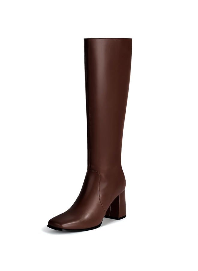 Vipost 3.35-inch Square Toe Knee High Boots for Women, Chunky Block Heel Tall Boots for Women with Side Zipper, Fashion Comfortable Long Fall Winter Boot 2025, Brown, 8 - Image 1