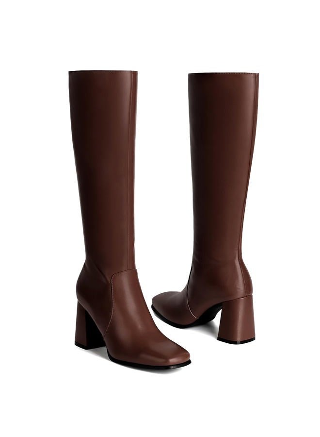 Vipost 3.35-inch Square Toe Knee High Boots for Women, Chunky Block Heel Tall Boots for Women with Side Zipper, Fashion Comfortable Long Fall Winter Boot 2025, Brown, 8 - Image 2
