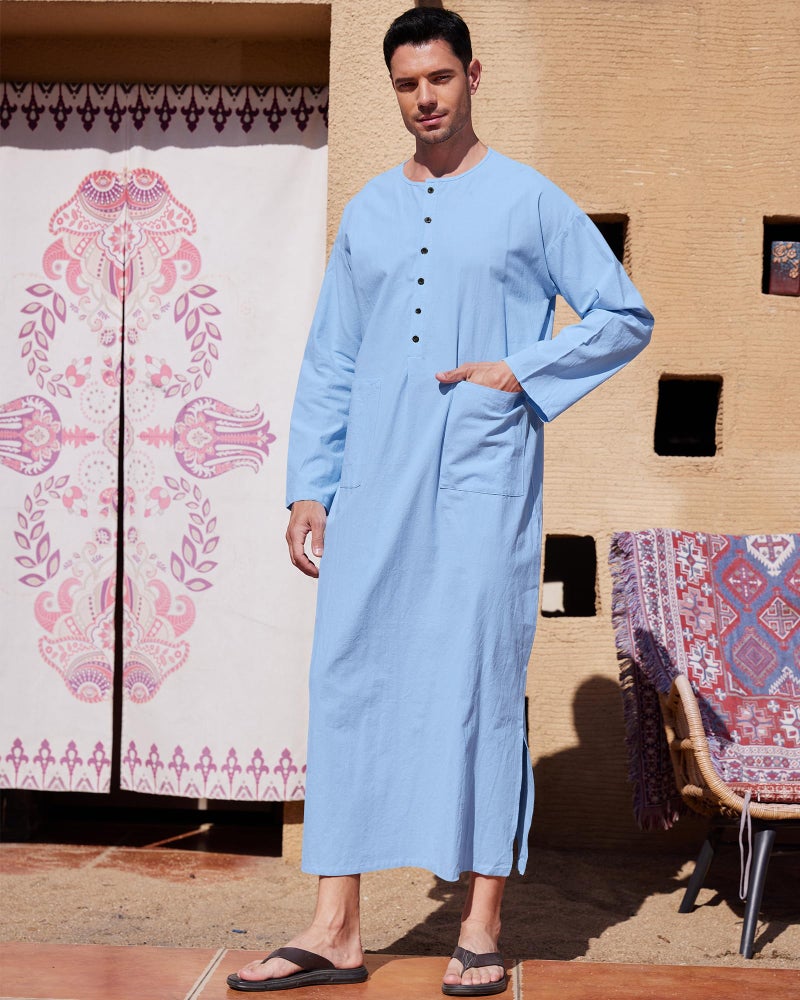 YAOHUOLE Thobe for Men Islam Men's Caftan Big and Tall Arabic Thobe for Men Blue L - Image 4